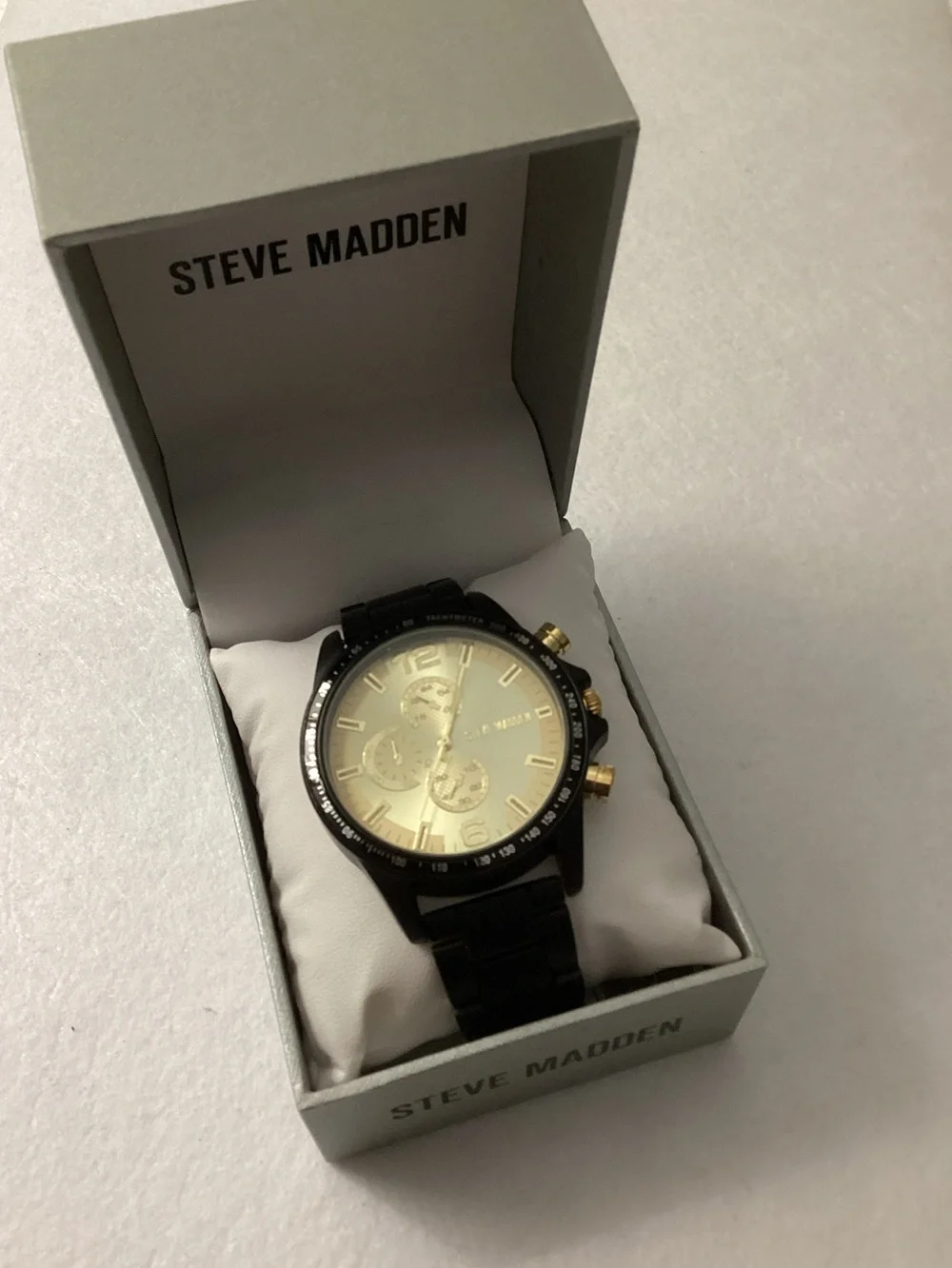 Steve Madden Iconic Champagne and Black Alloy Metal Watch, 45mm